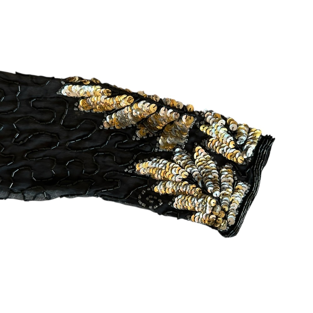 Vintage 80s Laurence Kazar Cocktail Party Black Gold Sequined Beaded Silk Dress - Picture 3 of 7